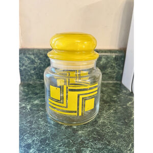 Vintage Yellow Art Deco Retro Geometric Squares 5.5" Lidded Glass Jar Canister